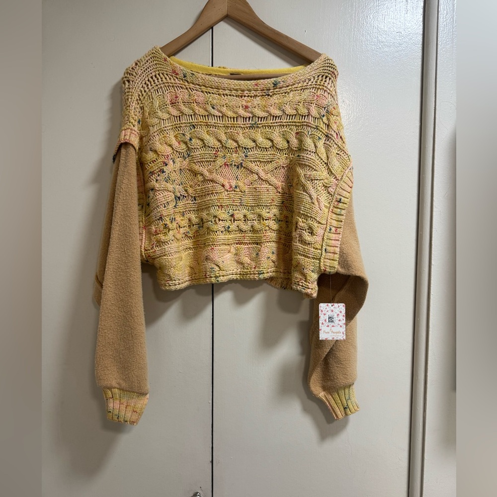 Free People Oversized Yellow Knit Cropped Sweater
